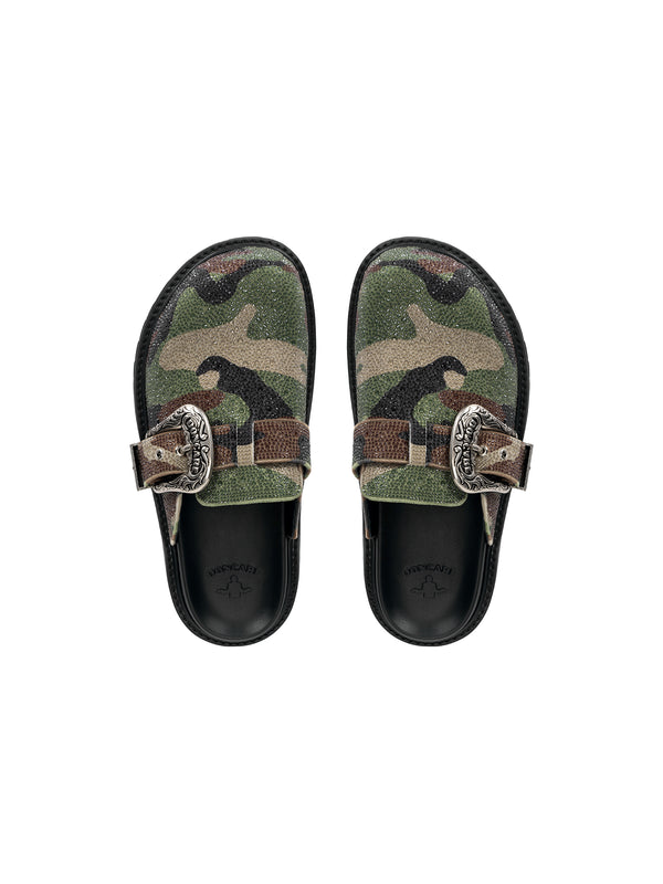 DONCARE "Camo rhinestone leather mules"