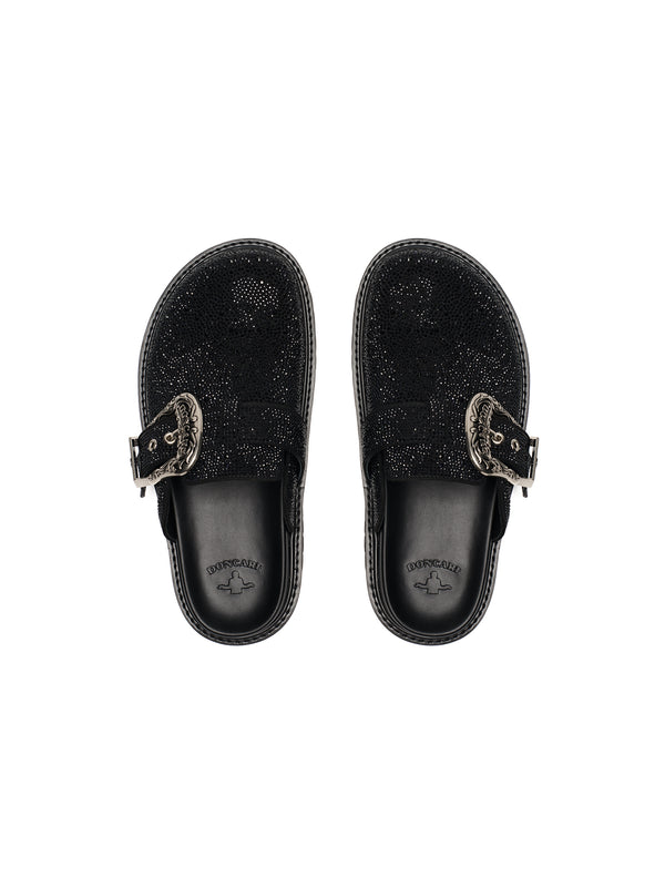 DONCARE "Rhinestone leather metal mules"